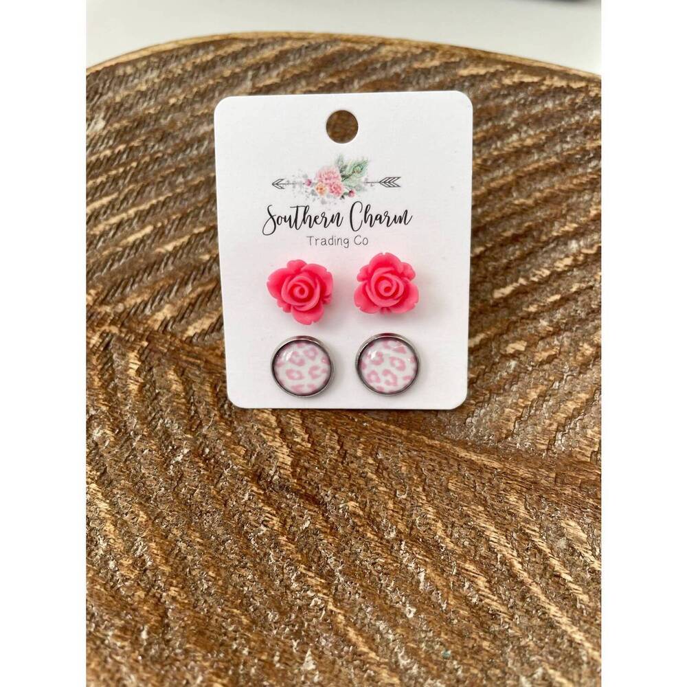 NEW SAGE & CLARE women's rose & leopard stud earrings set in pink